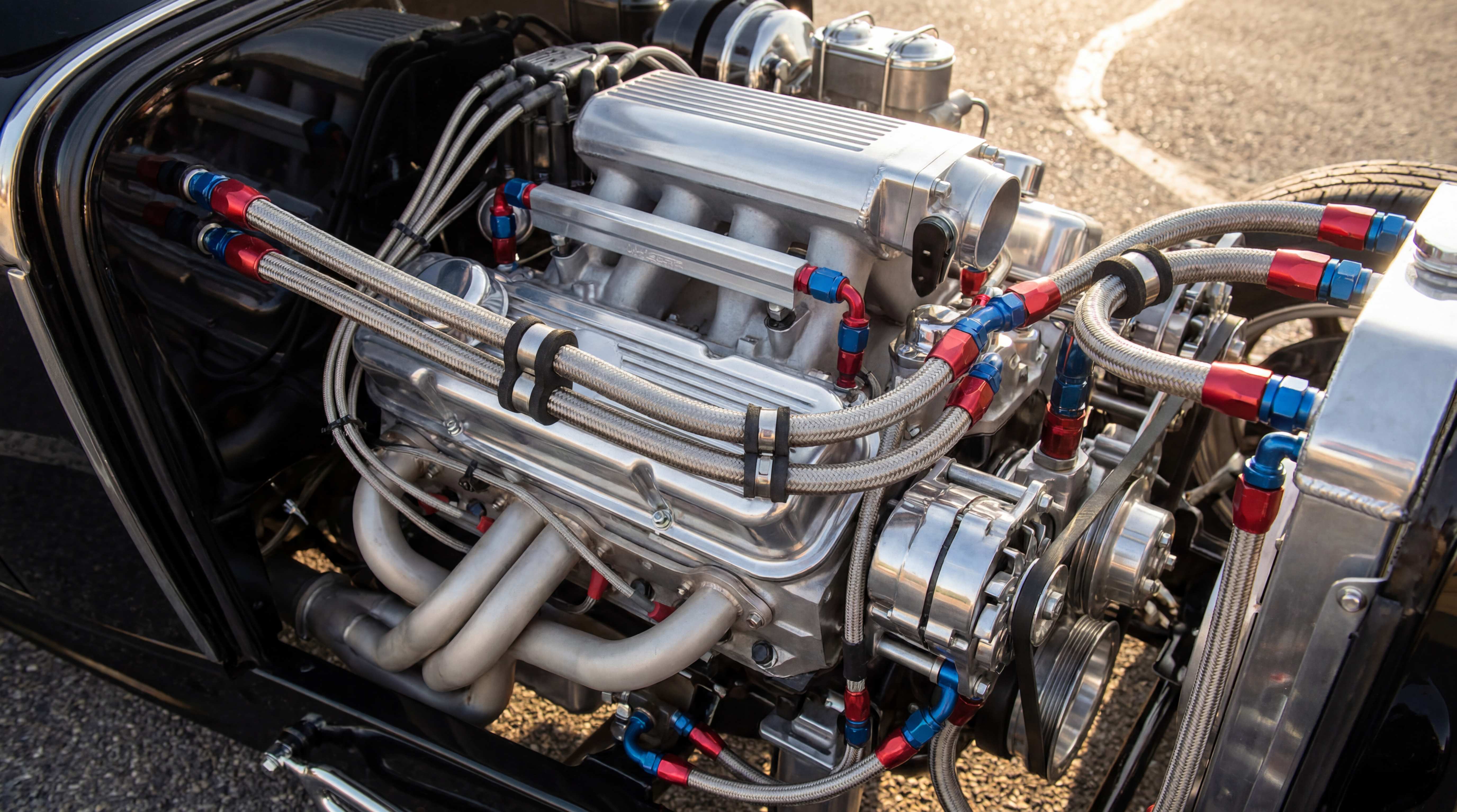 Custom engine bay fuel line routing with braided hoses, AN fittings, fuel rail connections and supported flexible lines